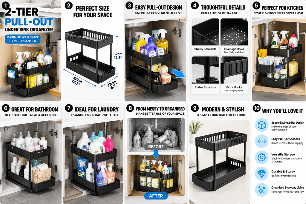 2-Tier Pull-Out Under Sink Organizer – Space-Saving Storage Rack  Copy