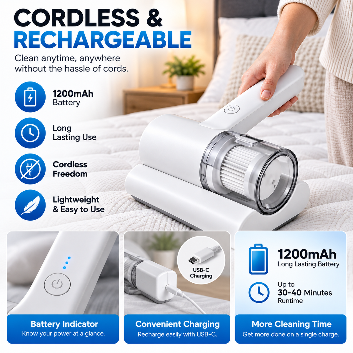 Cordless UV-C Mattress Vacuum Cleaner – Rechargeable Dust & Mite Cleaner