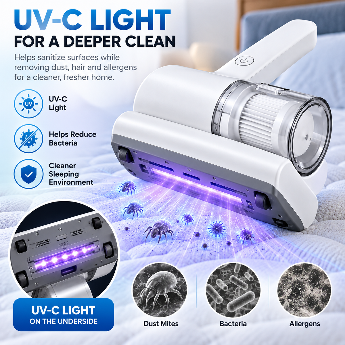 Cordless UV-C Mattress Vacuum Cleaner – Rechargeable Dust & Mite Cleaner