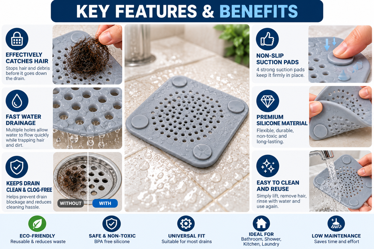 Silicone Shower Drain Hair Catcher – Reusable Anti-Clog Filter