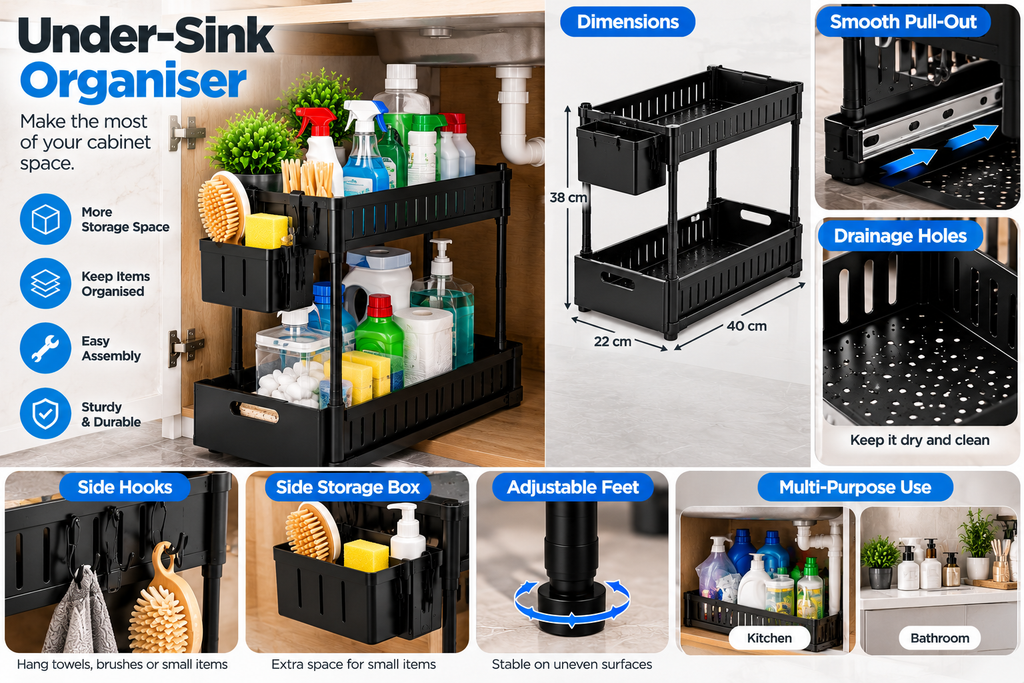 2-Tier Pull-Out Under Sink Organizer – Space-Saving Storage Rack  Copy