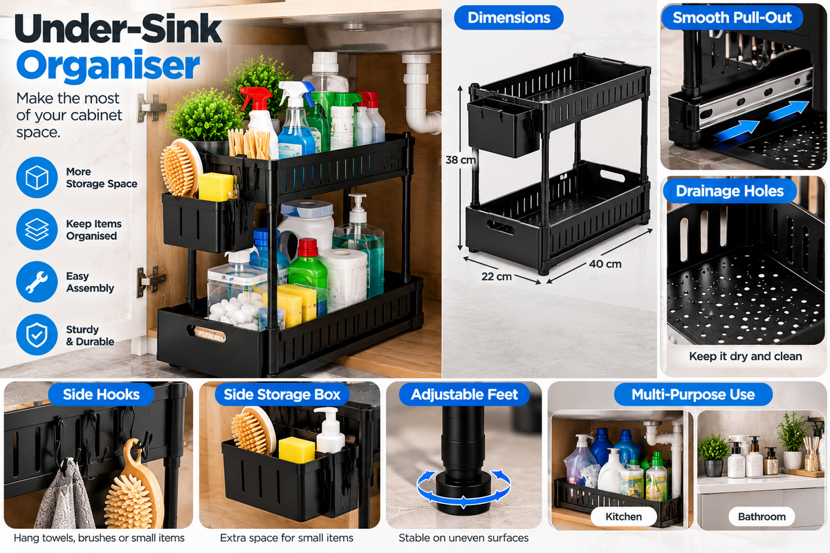 2-Tier Pull-Out Under Sink Organizer – Space-Saving Storage Rack  Copy
