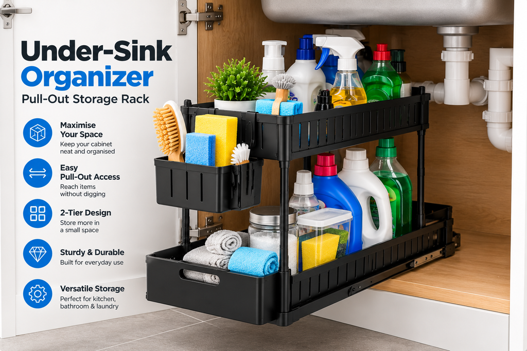 2-Tier Pull-Out Under Sink Organizer – Space-Saving Storage Rack  Copy