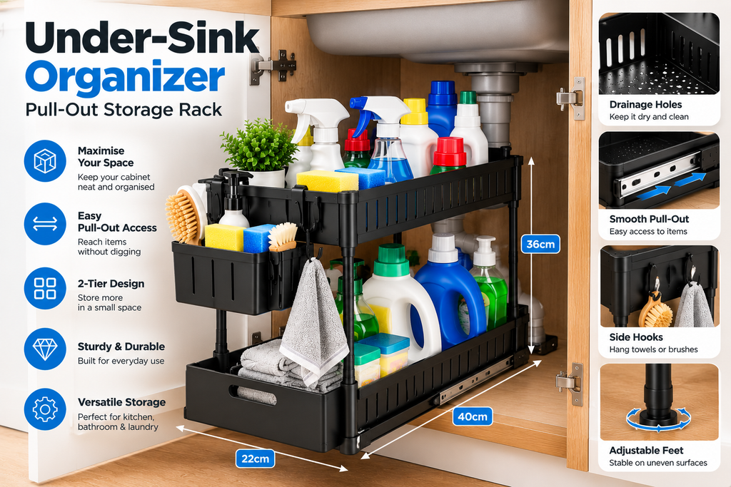 2-Tier Pull-Out Under Sink Organizer – Space-Saving Storage Rack  Copy